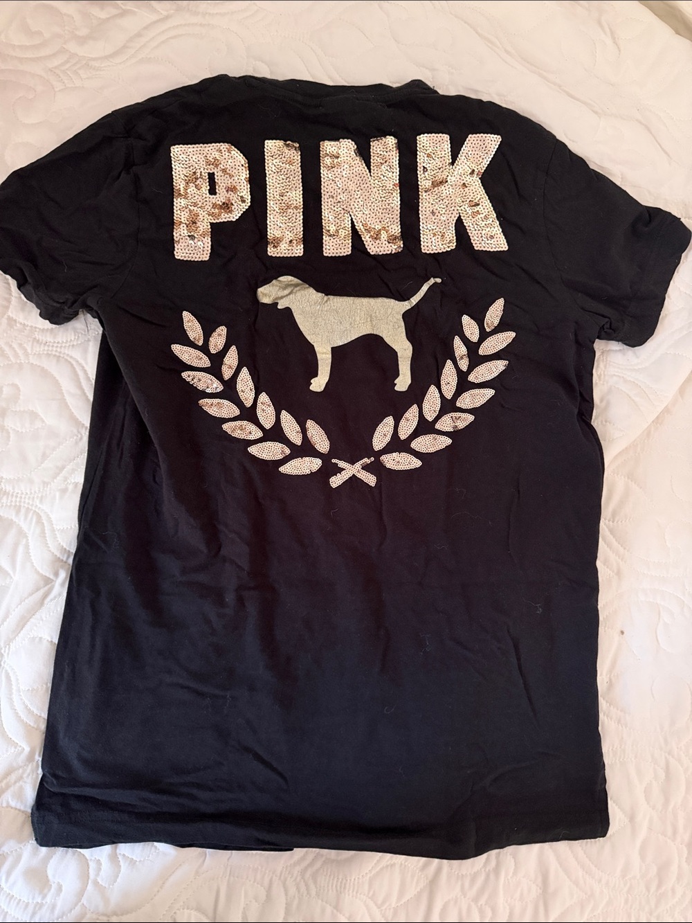 PINK Victoria's Secret Black Tee with Gold Sequin Dog Logo